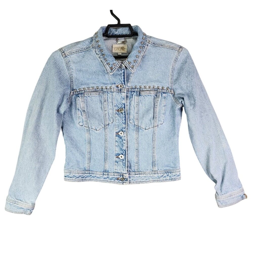 Womens Cache Studded Blue Denim Jean Jacket Button Up Long Sleeve Cotton Size L - Picture 1 of 8